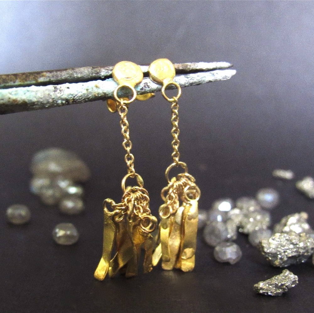 14k Gold leaf earrings, Handmade dangle chain earrings